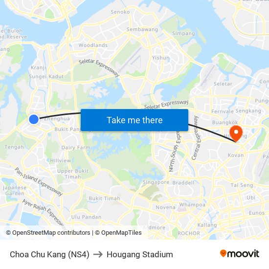 Choa Chu Kang (NS4) to Hougang Stadium map