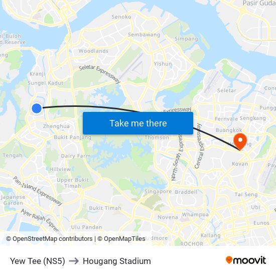 Yew Tee (NS5) to Hougang Stadium map