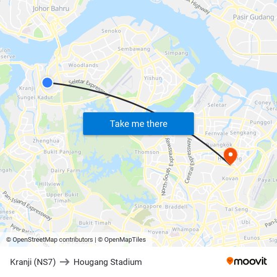 Kranji (NS7) to Hougang Stadium map