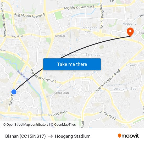 Bishan (CC15|NS17) to Hougang Stadium map