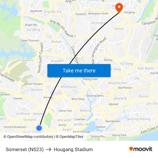 Somerset (NS23) to Hougang Stadium map