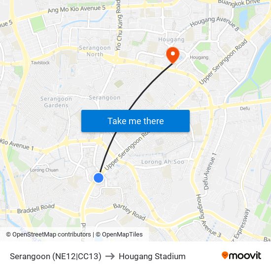 Serangoon (NE12|CC13) to Hougang Stadium map