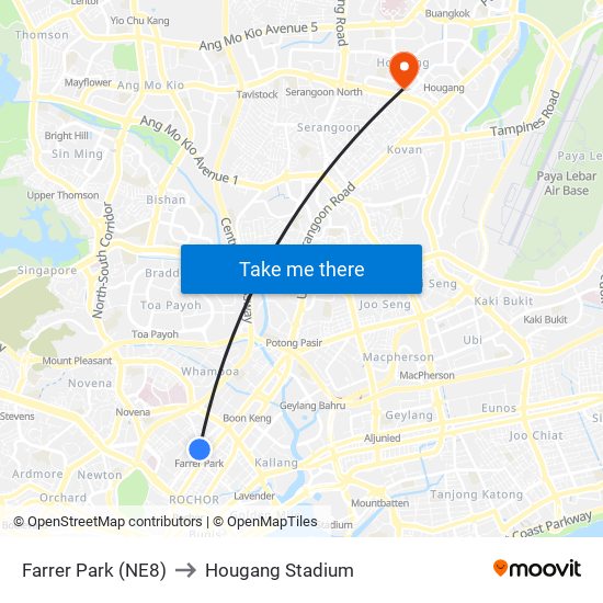 Farrer Park (NE8) to Hougang Stadium map
