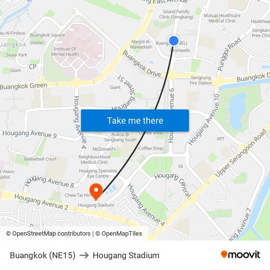 Buangkok (NE15) to Hougang Stadium map