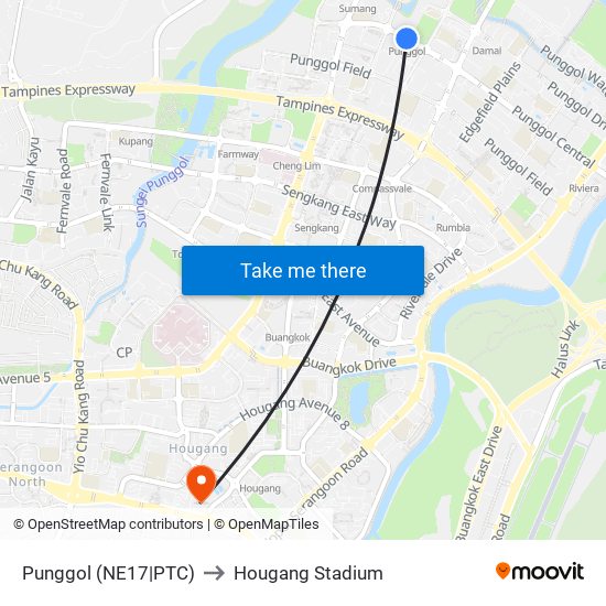 Punggol (NE17|PTC) to Hougang Stadium map