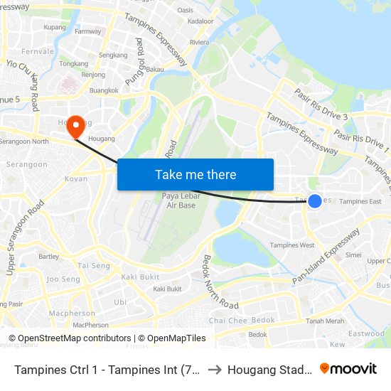 Tampines Ctrl 1 - Tampines Int (75009) to Hougang Stadium map