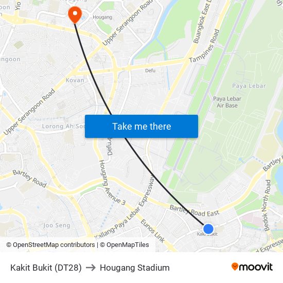 Kakit Bukit (DT28) to Hougang Stadium map