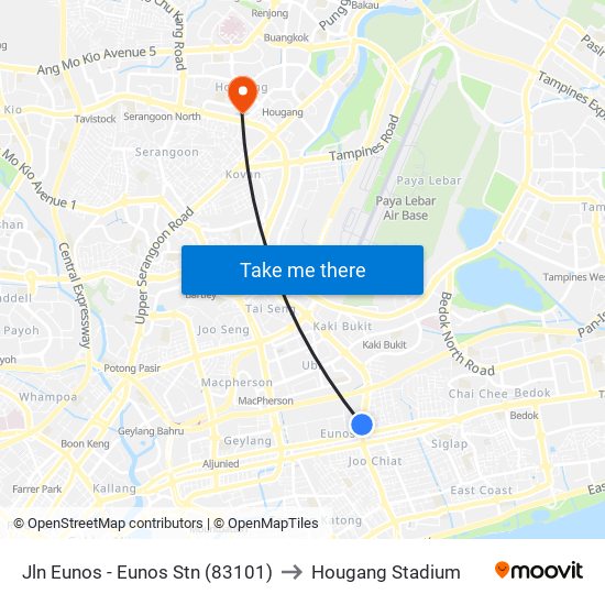 Jln Eunos - Eunos Stn (83101) to Hougang Stadium map