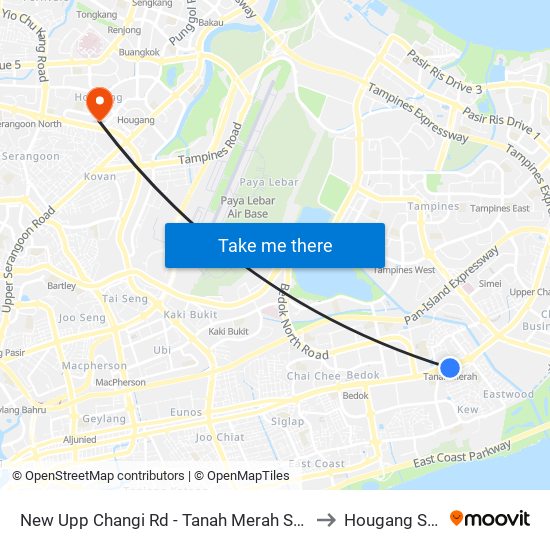 New Upp Changi Rd - Tanah Merah Stn Exit A (85099) to Hougang Stadium map