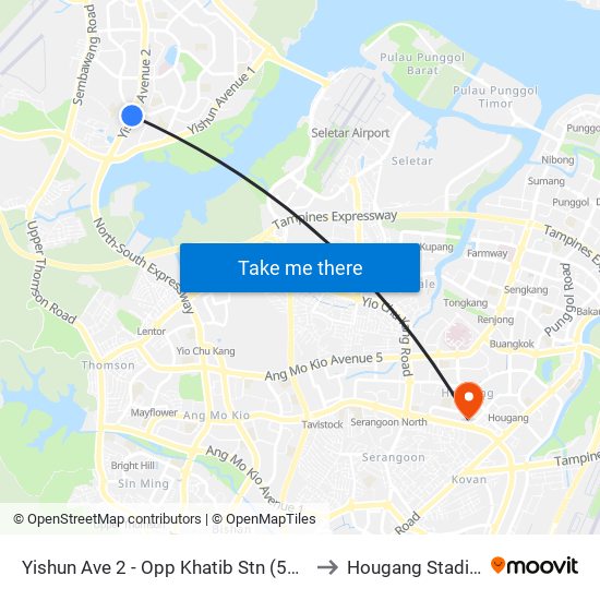 Yishun Ave 2 - Opp Khatib Stn (59049) to Hougang Stadium map