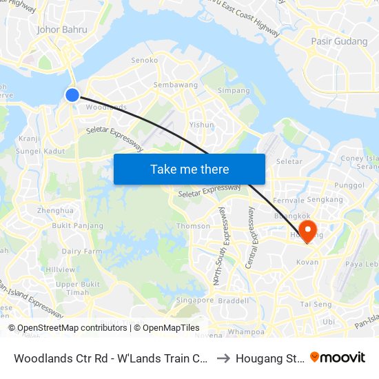 Woodlands Ctr Rd - W'Lands Train Checkpt (46069) to Hougang Stadium map