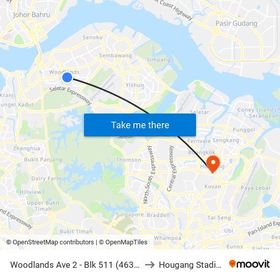 Woodlands Ave 2 - Blk 511 (46331) to Hougang Stadium map