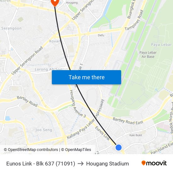 Eunos Link - Blk 637 (71091) to Hougang Stadium map