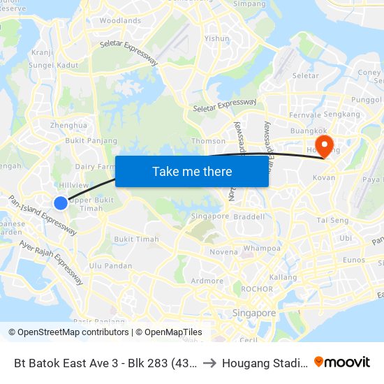 Bt Batok East Ave 3 - Blk 283 (43189) to Hougang Stadium map