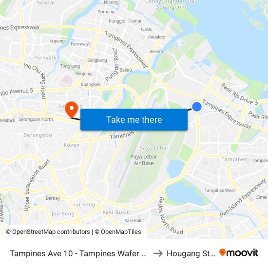 Tampines Ave 10 - Tampines Wafer Fab Pk (75351) to Hougang Stadium map