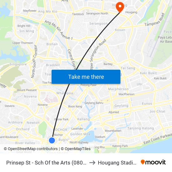 Prinsep St - Sch Of the Arts (08079) to Hougang Stadium map