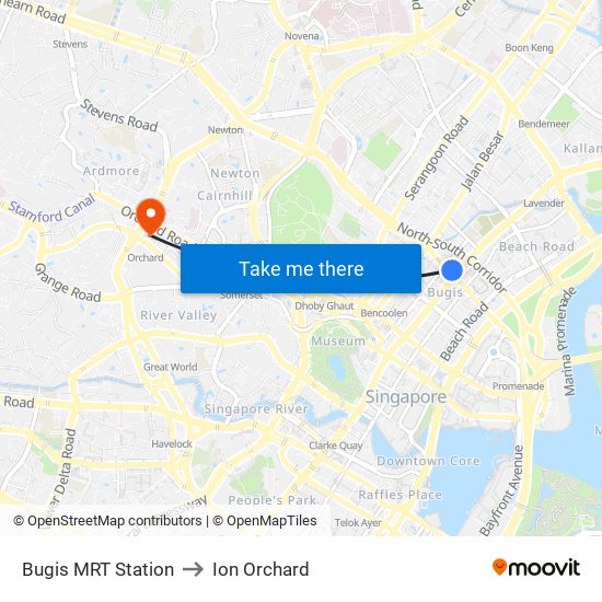 Bugis MRT Station to Ion Orchard map