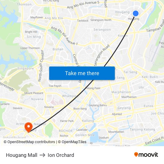 Hougang Mall to Ion Orchard map