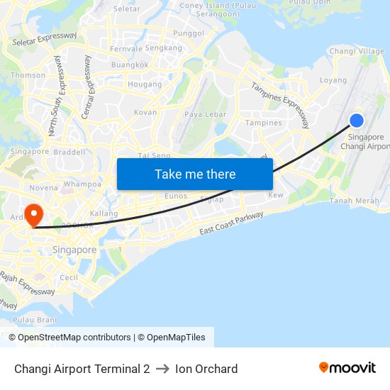 Changi Airport Terminal 2 to Ion Orchard map