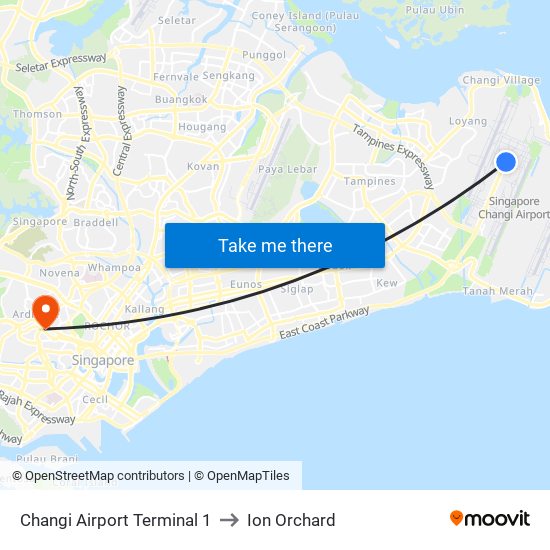 Changi Airport Terminal 1 to Ion Orchard map