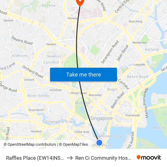 Raffles Place (EW14|NS26) to Ren Ci Community Hospital map