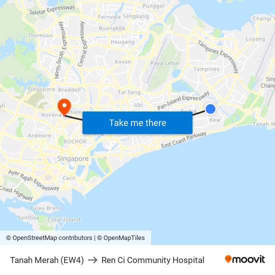 Tanah Merah (EW4) to Ren Ci Community Hospital map