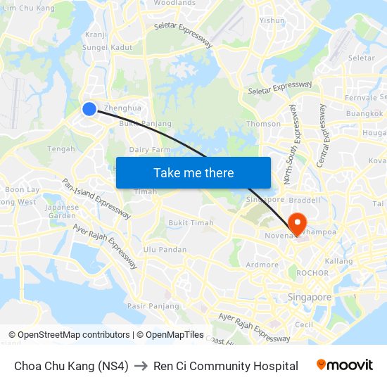 Choa Chu Kang (NS4) to Ren Ci Community Hospital map