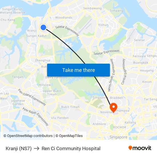 Kranji (NS7) to Ren Ci Community Hospital map