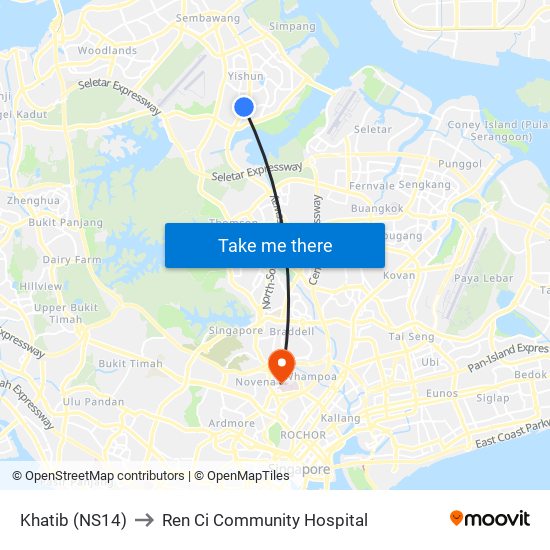 Khatib (NS14) to Ren Ci Community Hospital map