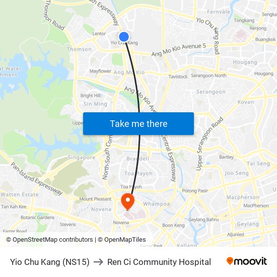 Yio Chu Kang (NS15) to Ren Ci Community Hospital map