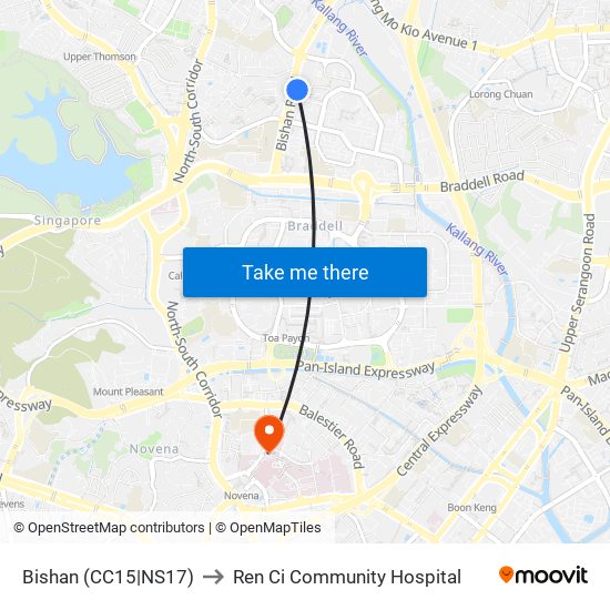 Bishan (CC15|NS17) to Ren Ci Community Hospital map