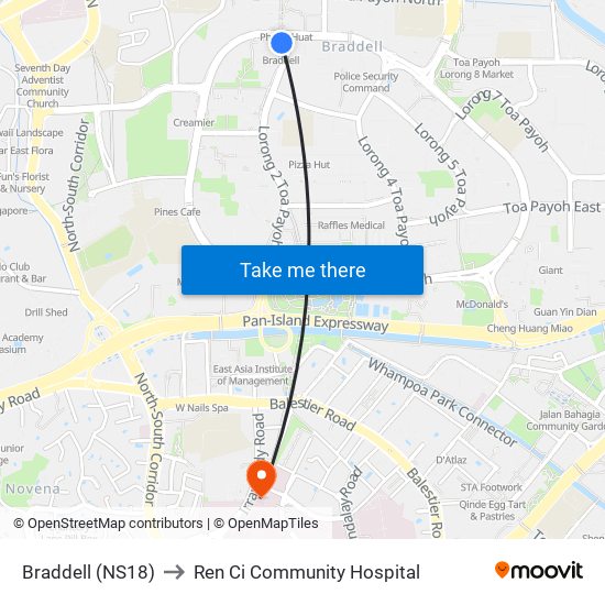 Braddell (NS18) to Ren Ci Community Hospital map