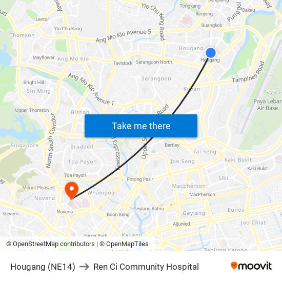 Hougang (NE14) to Ren Ci Community Hospital map