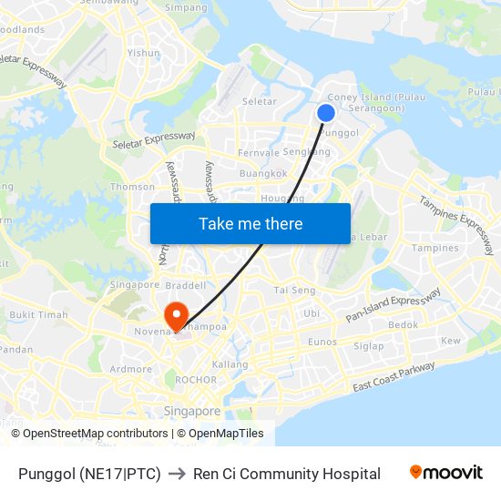 Punggol (NE17|PTC) to Ren Ci Community Hospital map