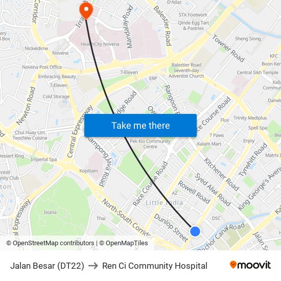 Jalan Besar (DT22) to Ren Ci Community Hospital map