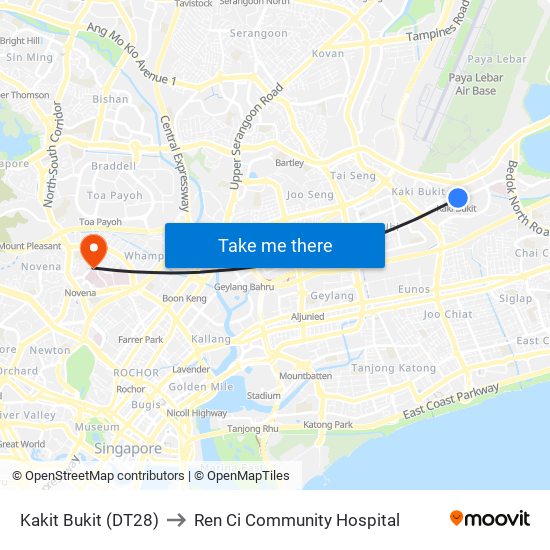 Kakit Bukit (DT28) to Ren Ci Community Hospital map