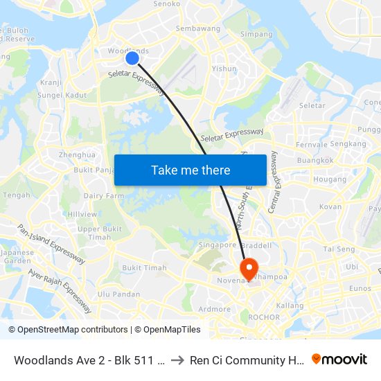 Woodlands Ave 2 - Blk 511 (46331) to Ren Ci Community Hospital map