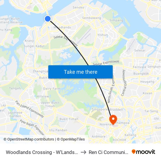 Woodlands Crossing - W'Lands Checkpt (46109) to Ren Ci Community Hospital map