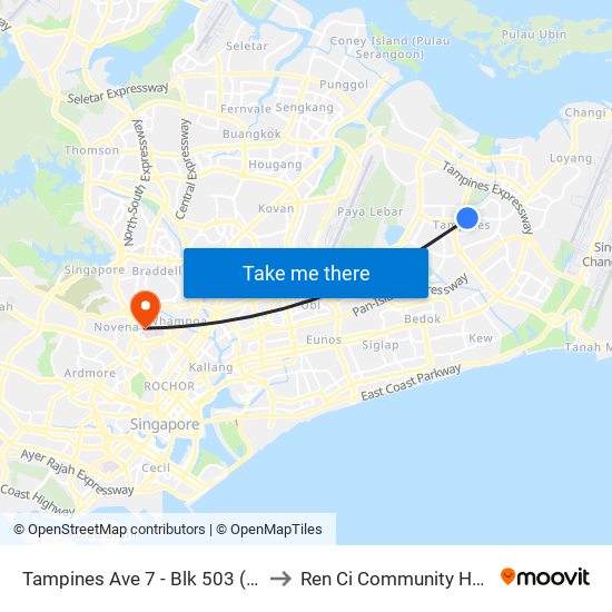 Tampines Ave 7 - Blk 503 (76199) to Ren Ci Community Hospital map