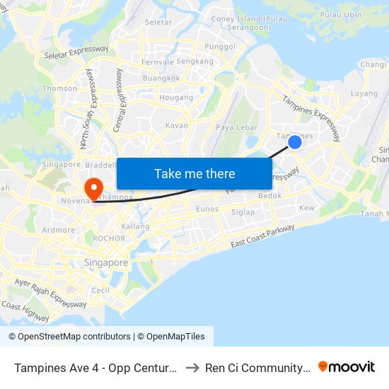 Tampines Ave 4 - Opp Century Sq (76139) to Ren Ci Community Hospital map