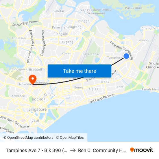 Tampines Ave 7 - Blk 390 (76239) to Ren Ci Community Hospital map