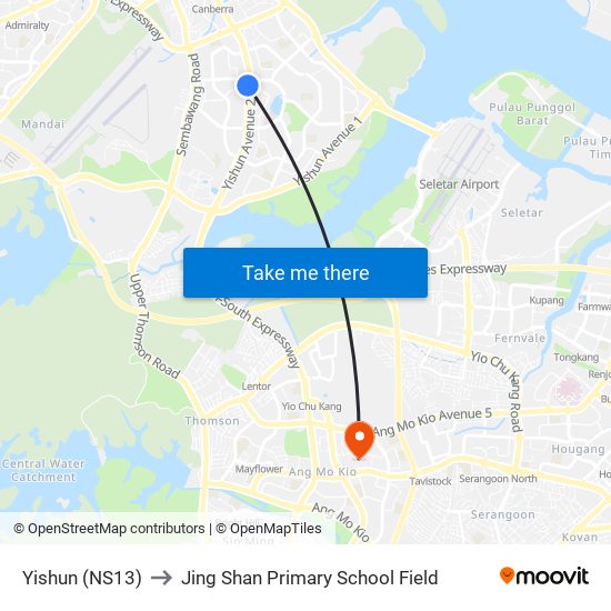 Yishun (NS13) to Jing Shan Primary School Field map