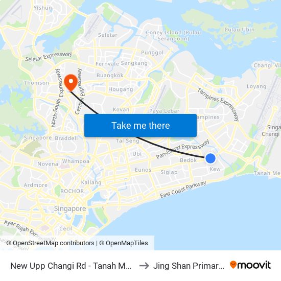 New Upp Changi Rd - Tanah Merah Stn Exit A (85099) to Jing Shan Primary School Field map