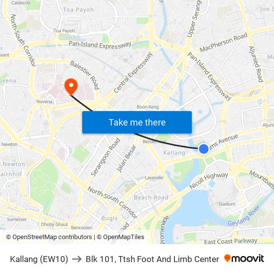 Kallang (EW10) to Blk 101, Ttsh Foot And Limb Center map