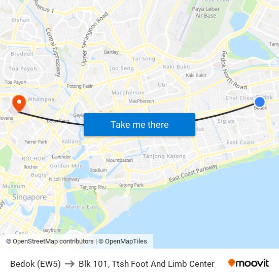 Bedok (EW5) to Blk 101, Ttsh Foot And Limb Center map