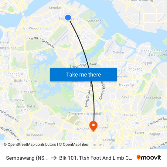 Sembawang (NS11) to Blk 101, Ttsh Foot And Limb Center map