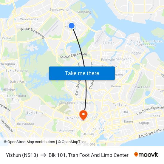 Yishun (NS13) to Blk 101, Ttsh Foot And Limb Center map