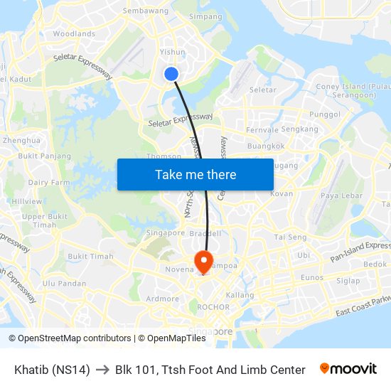 Khatib (NS14) to Blk 101, Ttsh Foot And Limb Center map