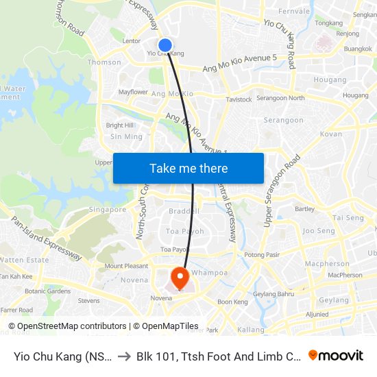 Yio Chu Kang (NS15) to Blk 101, Ttsh Foot And Limb Center map