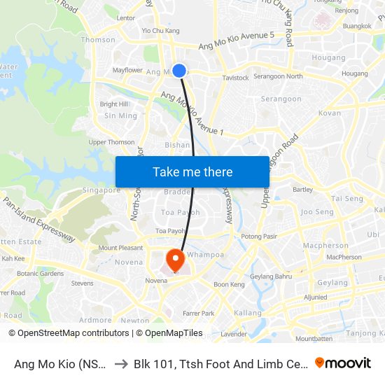 Ang Mo Kio (NS16) to Blk 101, Ttsh Foot And Limb Center map